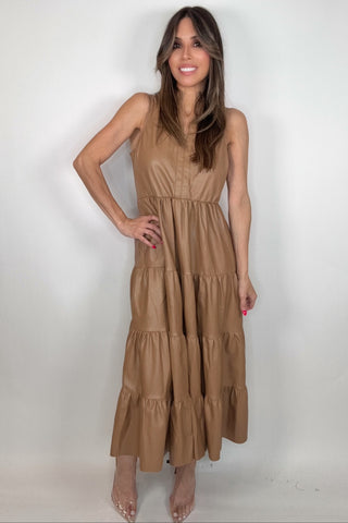 Camel Faux Leather Midi Dress - Born To Glam