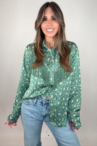 Olive Fringe Detail Button Down Shirt - Born To Glam