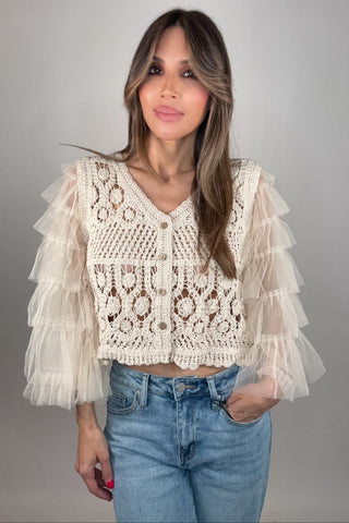 Crochet Cropped Cardigan With Tiered Mesh Sleeves - Born To Glam