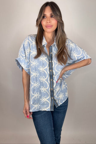 Dolman Sleeve Button Down Collared Embroidered Top - Born To Glam
