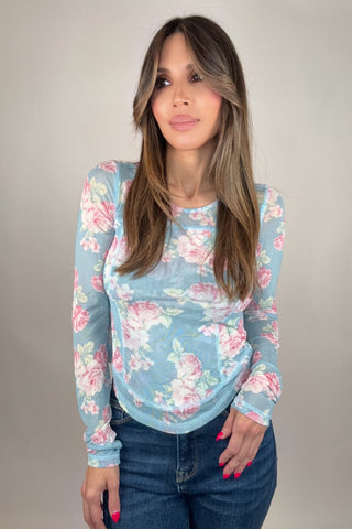 Blue Floral Mesh Long Sleeve Layering Top - Born To Glam
