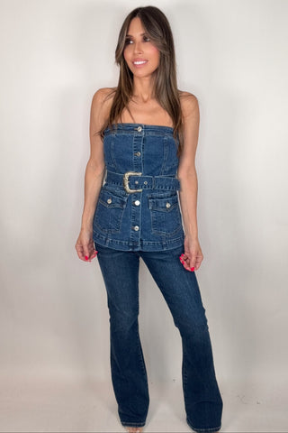 Western Buckle Detailed Belted Bustier Denim Top - Born To Glam