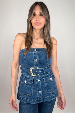 Western Buckle Detailed Belted Bustier Denim Top - Born To Glam