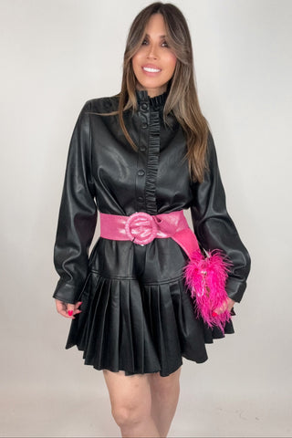 Black Ruffle Detail Pleated Faux Leather Dress - Born To Glam