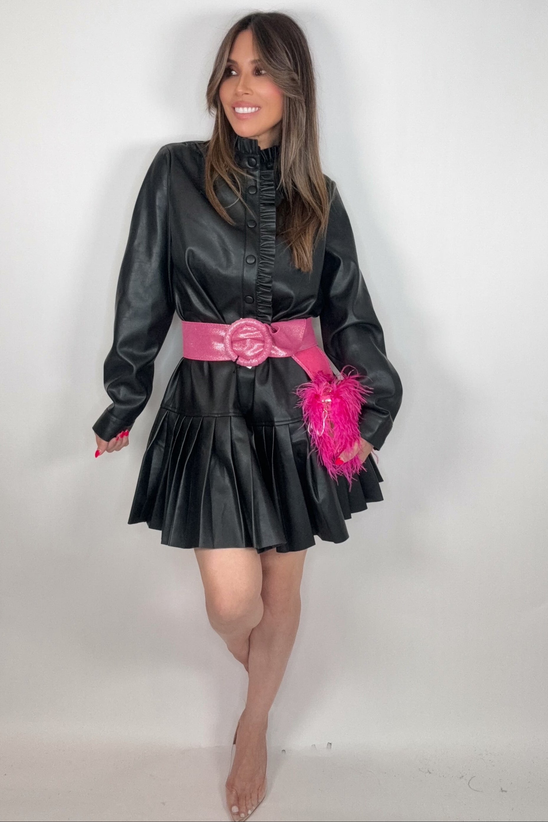 Fate Black Ruffle Detail Pleated Faux Leather Dress Fate Black Ruffle Detail Pleated Faux Leather Dress