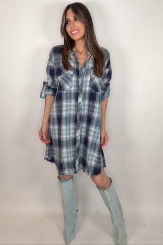 Blue Washed Plaid Shirt Dress - Born To Glam
