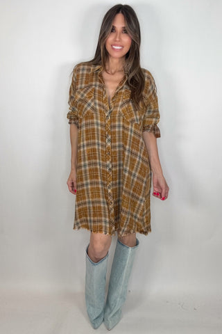 Toffee Washed Plaid Shirt Dress - Born To Glam