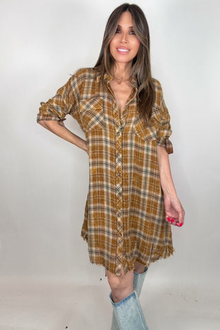 Toffee Washed Plaid Shirt Dress - Born To Glam