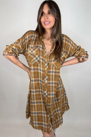 Toffee Washed Plaid Shirt Dress - Born To Glam
