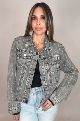Grey Crystal Stripe Denim Jacket - Born To Glam