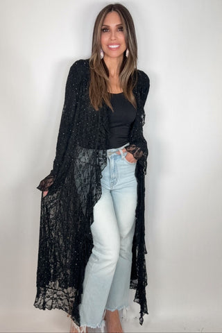 Black Lace Ruffle Sparkle Duster - Born To Glam