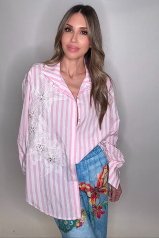 Striped Crystal Flower Embroidered Top