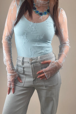 Mesh Lace High Neck Design Long Sleeve Fitted Top - Born To Glam