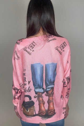 Pink Fashion Knit Round Neck Printed Sweater - Born To Glam