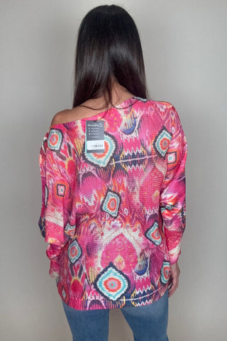 Fuchsia Tribal Ikat Round Knit Printed Sweater - Born To Glam