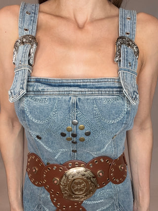 Medium Wash Studded Western Buckle Stretch Denim Dress - Born To Glam