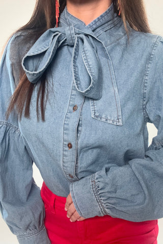 Denim Bow Collar Button Down Top - Born To Glam