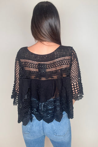 Black Oversized Lace And Crochet Top - Born To Glam
