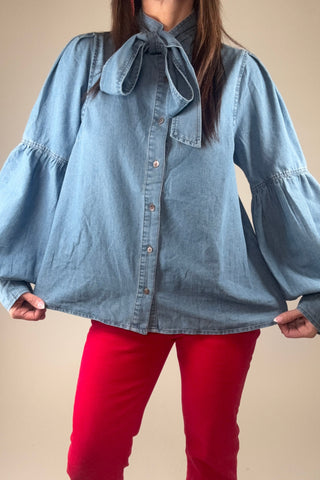 Denim Bow Collar Button Down Top - Born To Glam