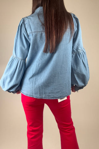 Denim Bow Collar Button Down Top - Born To Glam