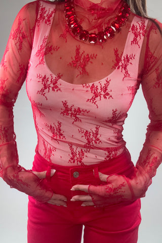 Mesh Lace High Neck Design Long Sleeve Fitted Top - Born To Glam