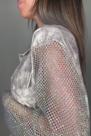 Taupe Tye Dye Crystal Mesh Sleeve Jacket - Born To Glam