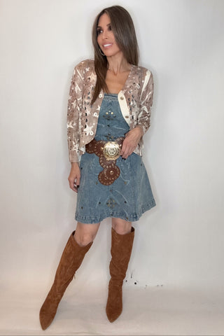 Medium Wash Studded Western Buckle Stretch Denim Dress - Born To Glam