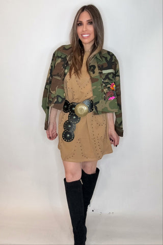 Washed Camel Studded Western T-Shirt Dress - Born To Glam