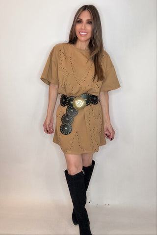 Washed Camel Studded Western T-Shirt Dress - Born To Glam