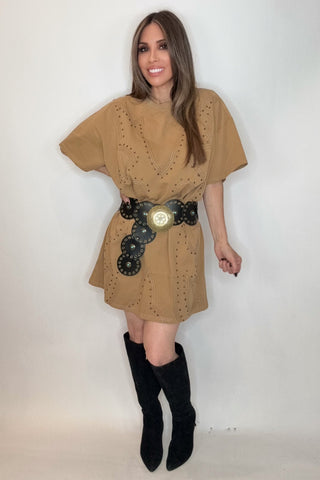 Washed Camel Studded Western T-Shirt Dress - Born To Glam