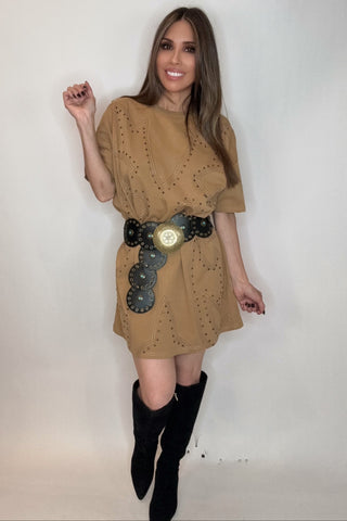 Washed Camel Studded Western T-Shirt Dress - Born To Glam