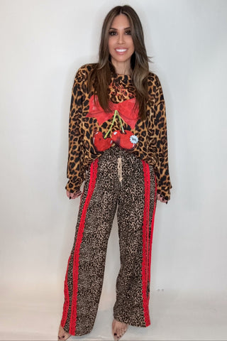 Red Ribbon Detail Leopard Print Pants - Born To Glam