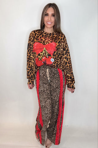 Red Ribbon Detail Leopard Print Pants - Born To Glam