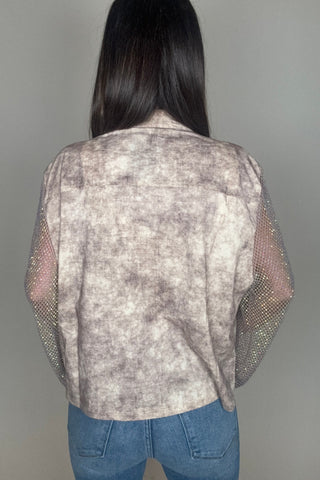Taupe Tye Dye Crystal Mesh Sleeve Jacket - Born To Glam