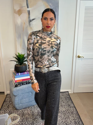 Taupe Black Metallic Leopard Print Top - Born To Glam