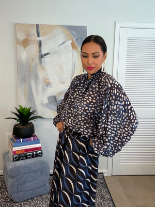 Blue Deer Dot Print Balloon Sleeve One Size Blouse - Born To Glam