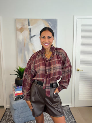Red Plaid Ruffle Neck Bow Tie Balloon Sleeve One Size Blouse - Born To Glam