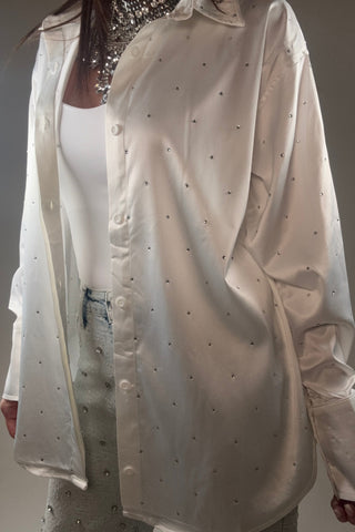 Satin Woven Rhinestone Studded Gem Sparkle Shirt - Born To Glam