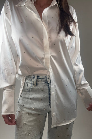 Satin Woven Rhinestone Studded Gem Sparkle Shirt - Born To Glam