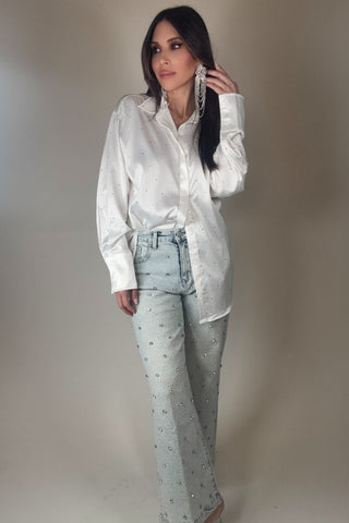 Satin Woven Rhinestone Studded Gem Sparkle Shirt - Born To Glam