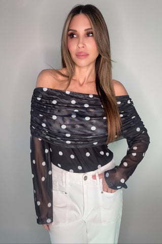 Mesh Polka Dot Off Shoulder Top