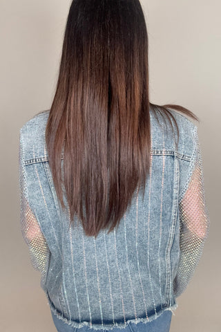 Denim Crystal Mesh Sleeve Jacket - Born To Glam