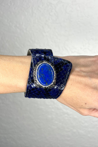 Royal Blue Snakeskin Print Leather Wraparound Gemstone Bracelet - Born To Glam