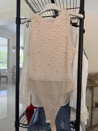 Beige Pearl Embellished Bodysuit Top
