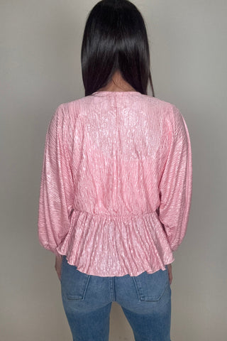 Pink V Neck Crinkle Satin Top - Born To Glam