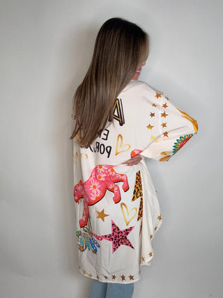 Style the Graphic Oversized Italian Button Down Top exclusively at Born To Glam