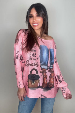 Pink Fashion Knit Round Neck Printed Sweater - Born To Glam