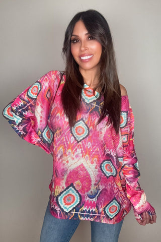 Fuchsia Tribal Ikat Round Knit Printed Sweater - Born To Glam