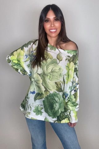 Olive Floral Round Neck Knit Printed Sweater - Born To Glam