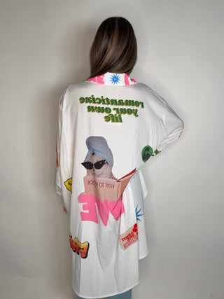 Style the Graphic Oversized Italian Button Down Top exclusively at Born To Glam
